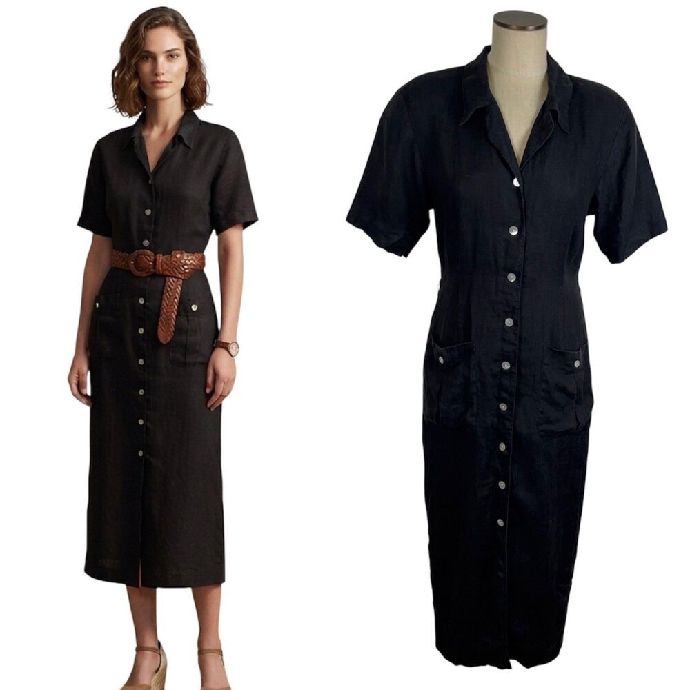 VTG 80s 90s Annette Dean Black Irish Linen Midi Shirt Dress SZ M (Marked SZ 12)